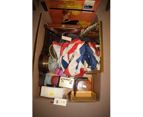 Two ladies handbags one is leather; one by Jane Shilton; a British Union Flag; an oak aneroid barometer, by Grant & Sons of S