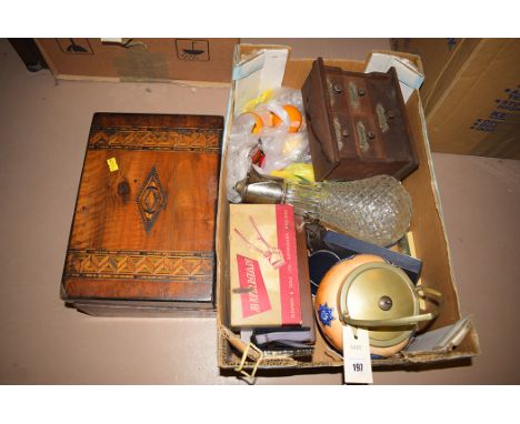 A late 19th Century wooden writing slope with inlaid lid and front (distressed state); a small wooden spice chest; a ceramic 