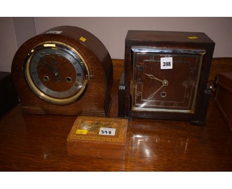 An early 20th Century eight-day chiming mantle clock by Smith, arched oak case; an Art Deco chiming mantle clock 'Davall', Lo