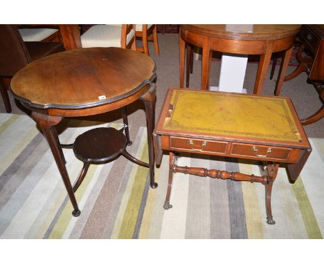 A stained wood occasional table with fitted undertier, supported on pad feet, 27in. diameter; together with a reproduction ma