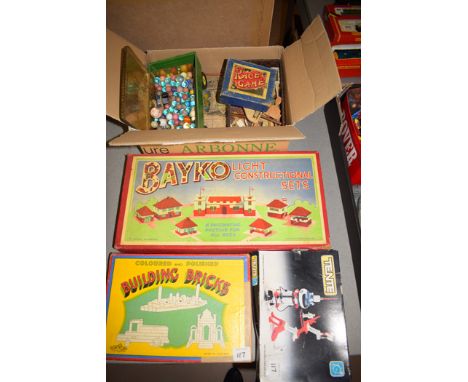 A Bayko light construction set, coloured and polished building bricks; and other toys, a quantity.