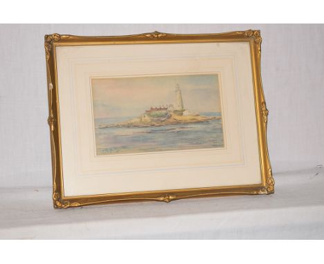 A watercolour by T.S. Hutton: landscape with lighthouse, signed.