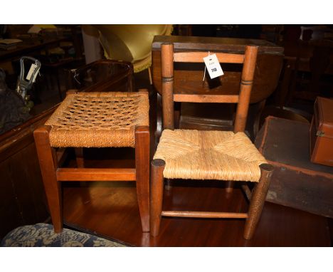 A child's chair with wicker seat; and a stool.