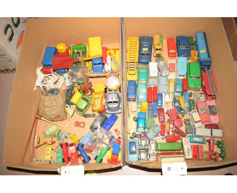 Corgi and Dinky diecast models (play worn), a quantity; and other toys; marbles; cars; etc., in two boxes.