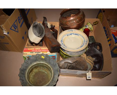 Two copper Art Nouveau style jardiniere's, one by Townsends; two carved tribal masks; a Chinese oriental lamp with yellow bac