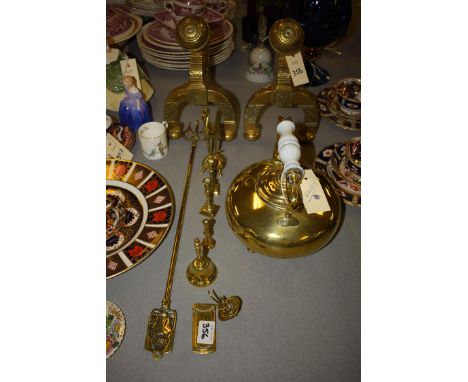 Brassware, to include; a kettle with opaque glass handle; a pair of  andirons; a toasting fork; a pair of miniature candlesti