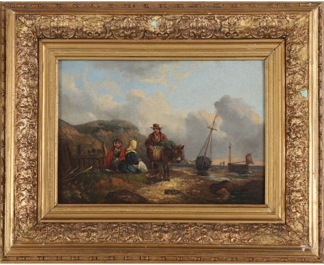 UNBEKANNT - Öl auf Holz, ¨Rastende Figurengruppe mit Lastenesel an Küstenstreifen, im Hintergrund Segelboote¨, unten links un