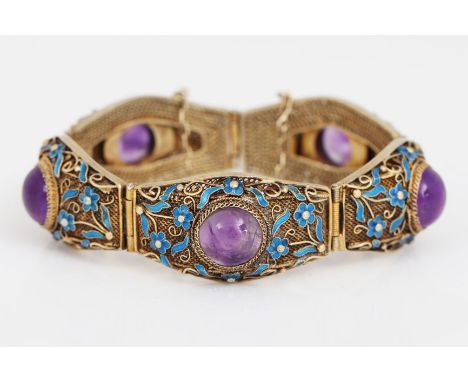 Asiatisches Armband - 5-gliedrige Filigranarbeit, vergoldetes Silber, runde Amethyst (?)-Cabochons (D 1cm) und blaue Emaille 