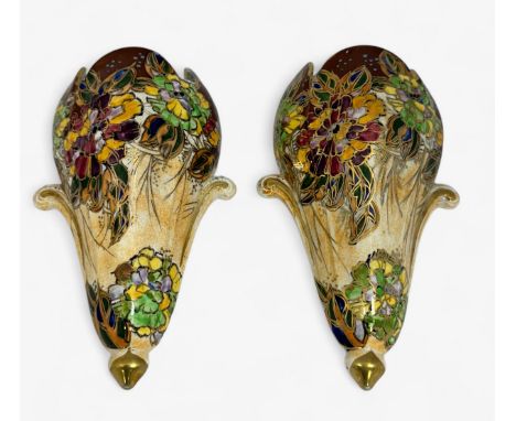 A pair of 1930s Royal Winton Grimwades 'Carnation' lustre wall pockets. Brightly painted with polychrome carnations and gilt 