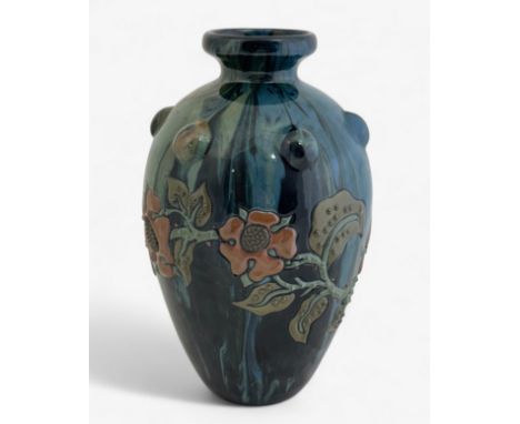 A Sir Edward Elton for Sunflower pottery vase circa 1910. Height approx 26cm. Good condition overall- no cracks or fractures,