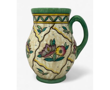 A Charlotte Rhead Crown Ducal 'Trellis' flower jug. Imprinted 146 to base. Printed pattern No. 6016. Height 21.5cm. Good cond