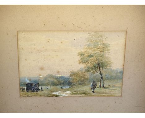 19th century English School, 'Shepherd and shepherd's hut with flock nearby', watercolour, initialled ANP, 17.5 x 26.5cm, an 