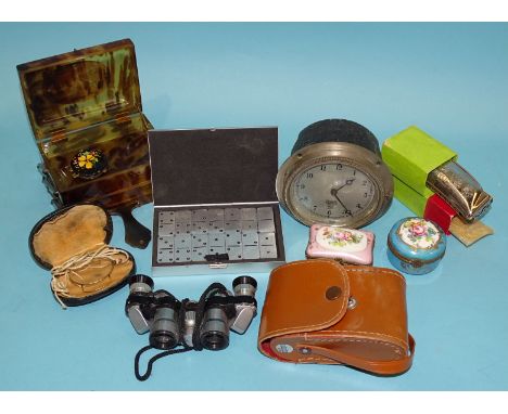 A Smiths car clock, 10cm diameter, a Hohner Band 'C' harmonica in box, a pair of 'Greenkat' 6x15 field glasses, two porcelain