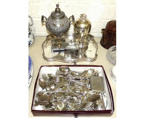 A late-19th century plated egg warmer of oval form, 26cm high, a plated and brass samovar, a plated tea caddy, a galleried tr