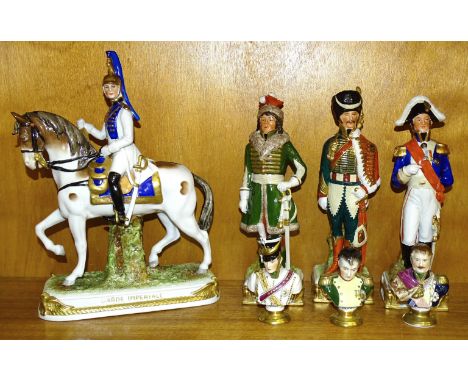 A collection of four Sitzendorf porcelain military figures: 'Murat', 'De Beauhamais', 'Ney' and 'Garde Imperiale' (bugle mout