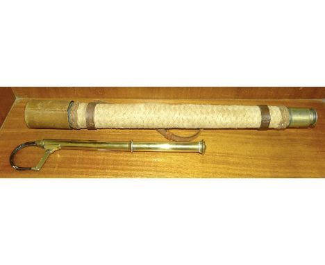 A late-19th century extending brass and steel gaffe, 36cm closed, 62.5cm open and a rope-covered single-draw telescope marked