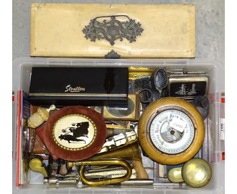 A small aneroid barometer, 12.5cm diameter, a small brass bugle, 13cm, brass sovereign scales, 'The Thunderer' whistle and mi