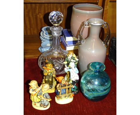 Two Hummel figures: 'Happy Days' and 'Signs of Spring', various Wedgwood jasperware pin trays, a glass ships decanter, other 