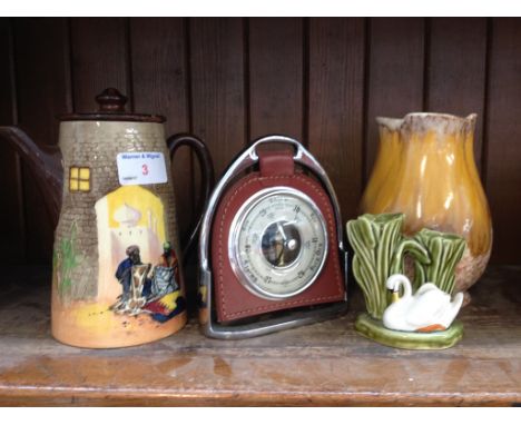 A ROYAL DOULTON COFFEE POT, 2 PIECES OF SYLVAC AND A BAROMETER