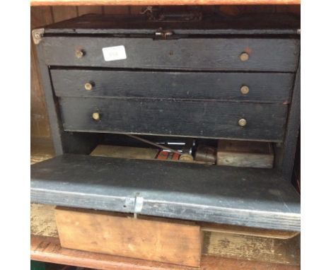 OLD WOODEN TOOL DRAWERS AND TOOLS AND WOODEN BOX OF DRILLS