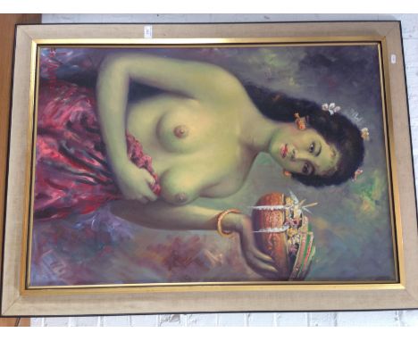 PORTRAIT OF AN EASTERN SEMI NUDE GIRL, OIL ON CANVAS, SIGNED
