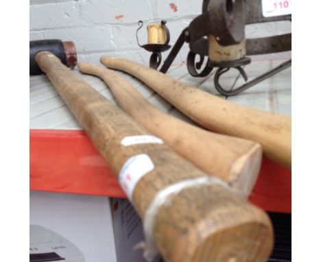 A LUMP HAMMER AND 2 PICK AXE HANDLES