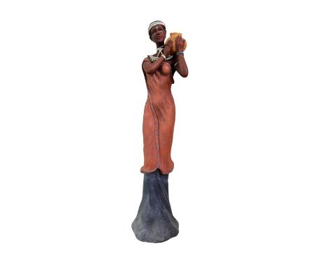 FOUR RESIN FIGURES, modelled as African native figures also an Egyptian Queen figure, Running Cheetah figure and small bust o