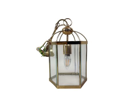 TWO BRASS AND GLASS CEILING LIGHT FITTINGS, comprising one five branch chandelier and a hexagonal lantern lightQty: 2