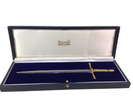 WILKINSON SWORD PAPER KNIFE, with gilt handle, in case along with two packs of playing cards in carved wood box and a set of 