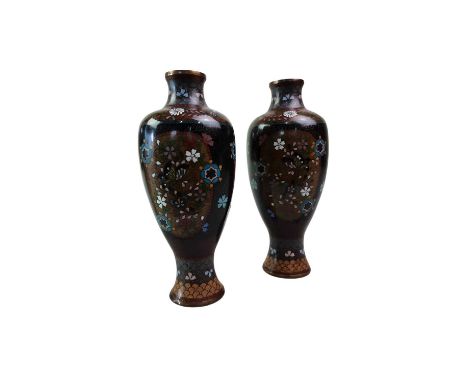 PAIR OF JAPANESE CLOISONNÉ BALUSTER VASES, AND ANOTHER VASE  decorated with panels of foliage, along with a Noritake double h