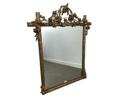 GILT FRAMED OVERMANTEL WALL MIRROR, the pediment decorated in relief with flowering branches113cm x 94cm