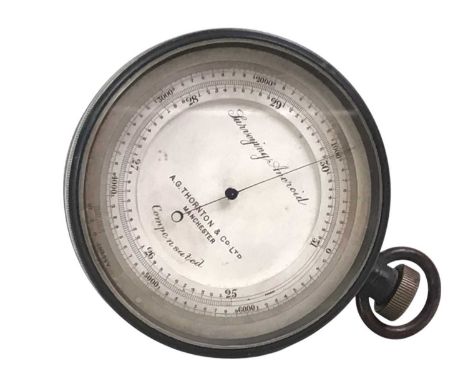 VICTORIAN POCKET BAROMETER, AG THORNTON & CO LTD, MANCHESTER circular and cased in brass with a silvered dial8cm diameter In 