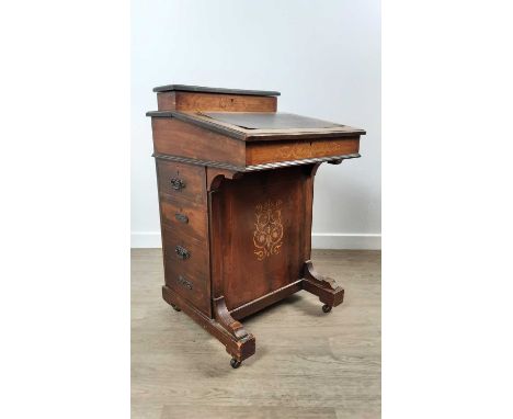 VICTORIAN INLAID ROSEWOOD DAVENPORT, with stationery compartment over hinged top, with four side drawers84cm high, 54cm wide