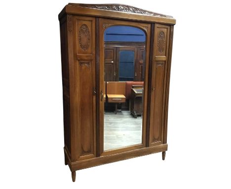 WALNUT WARDROBE, ALONG WITH A MATCHING BEDSTEAD AND MARBLE TOPPED BEDSIDE CUPBOARD the wardrobe with single mirrored door, fl