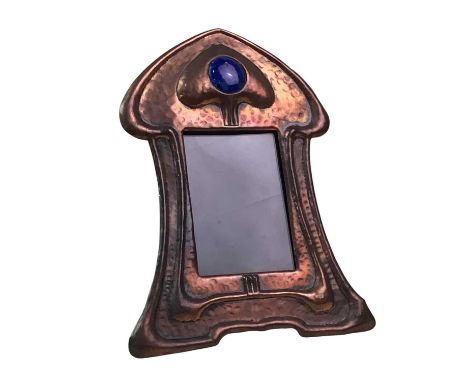 ARTS & CRAFTS COPPER PHOTOGRAPH FRAME, AND OTHER ITEMS  the frame with blue roundel, along with a copper tray and a pew boxfr