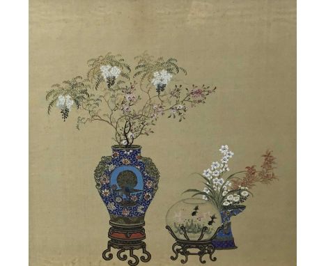 CHINESE DRAWING ON SILK, depicting two vases of flowers and a fish tankframed and under glass37cm x 37cmStains,additional ima