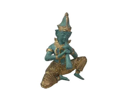 GILT BRONZE FIGURE OF THAI PRINCE PRA API PLAYING THE FLUTE, AND OTHER FIGURES  comprising a brass elongated Dhokra horse, tw
