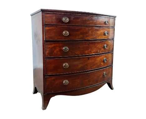 EDWARDIAN MAHOGANY BOW FRONT CHEST OF FIVE DRAWERS, with brass handles and on bracket feet114cm x 115cm
