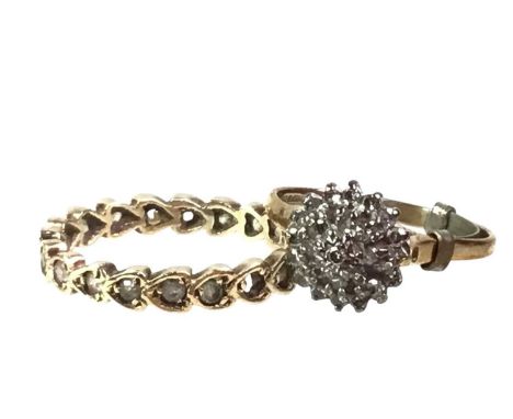 DIAMOND CLUSTER RING AND GEM SET ETERNITY RING, each in nine carat gold