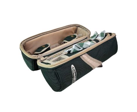 CONCEPT PICNIC, INSULATED CHAMPAGNE COOL BAG in green and beige canvas, fitted with corkscrew, glasses and napkins
