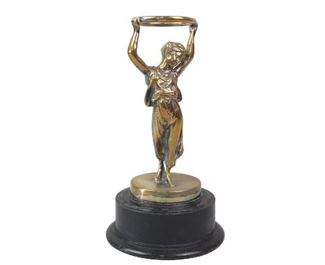 ART DECO GILT SPELTER FIGURE OF A FEMALE, on wooden circular stand19.5cm high