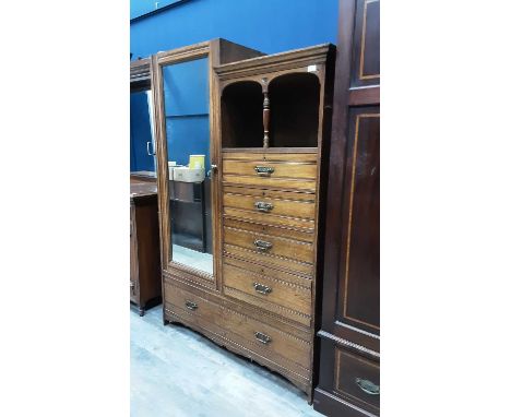 VICTORIAN OAK WARDROBE, with single mirrored door and an open shelf over drawers with brass handles184cm high, 124cm wideLack