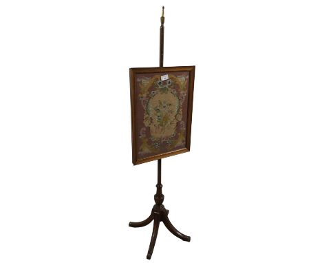 MAHOGANY POLE SCREEN AND FIRESCREEN, the pole screen with tapestry inset124cm high