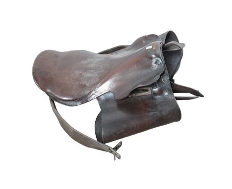 VINTAGE LEATHER SADDLE, ALONG WITH FURTHER EQUESTRIAN ITEMS including a riding crop and furtherthe riding crop 64cm long