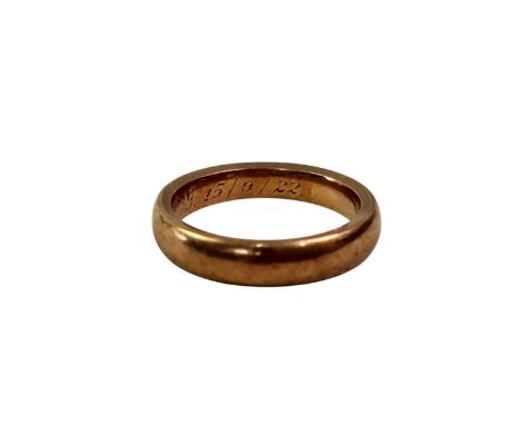 WEDDING RING, EIGHTEEN CARAT GOLD the interior engraved initials and dated 15/9/22Qty: 5.2 grams