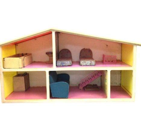 RETRO CHILD'S DOLL HOUSE AND ACCESSORIES, CIRCA 1950s comprising a small house, wooden furniture and home accessories, all ho