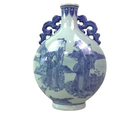 GROUP OF ASIAN BLUE AND WHITE CERAMICS, including a Chinese Kangxi style tea caddy, decorated with figures and Chines text, a