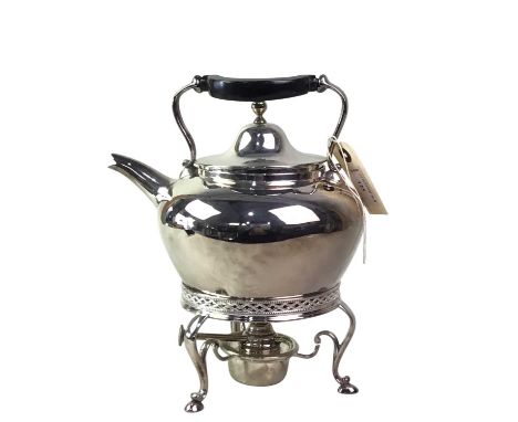 COLLECTION OF SILVER PLATED ITEMS, including a spirit kettle on stand, tea service, egg epergne, salver and a silver topped g