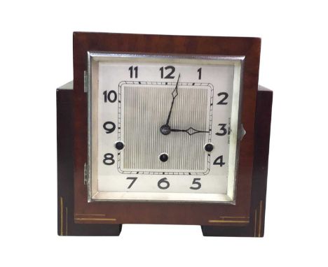 ART DECO MAHOGANY MANTEL CLOCK, AND ANOTHER CLOCK  the Art Deco clock with Arabic numeralsQty: 2Both clocks in fair condition