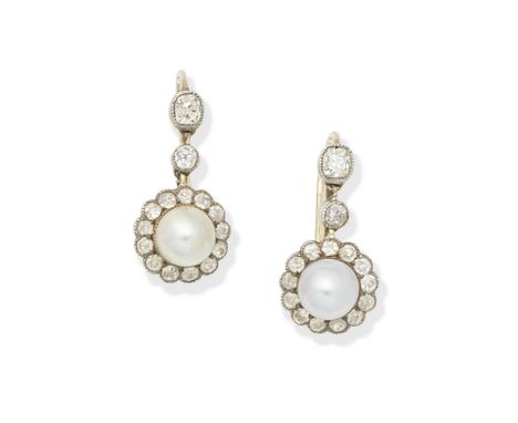 PEARL AND DIAMOND EARRINGS,  CIRCA 1900Each set with a pearl within a cushion and single-cut diamond surround, suspended from